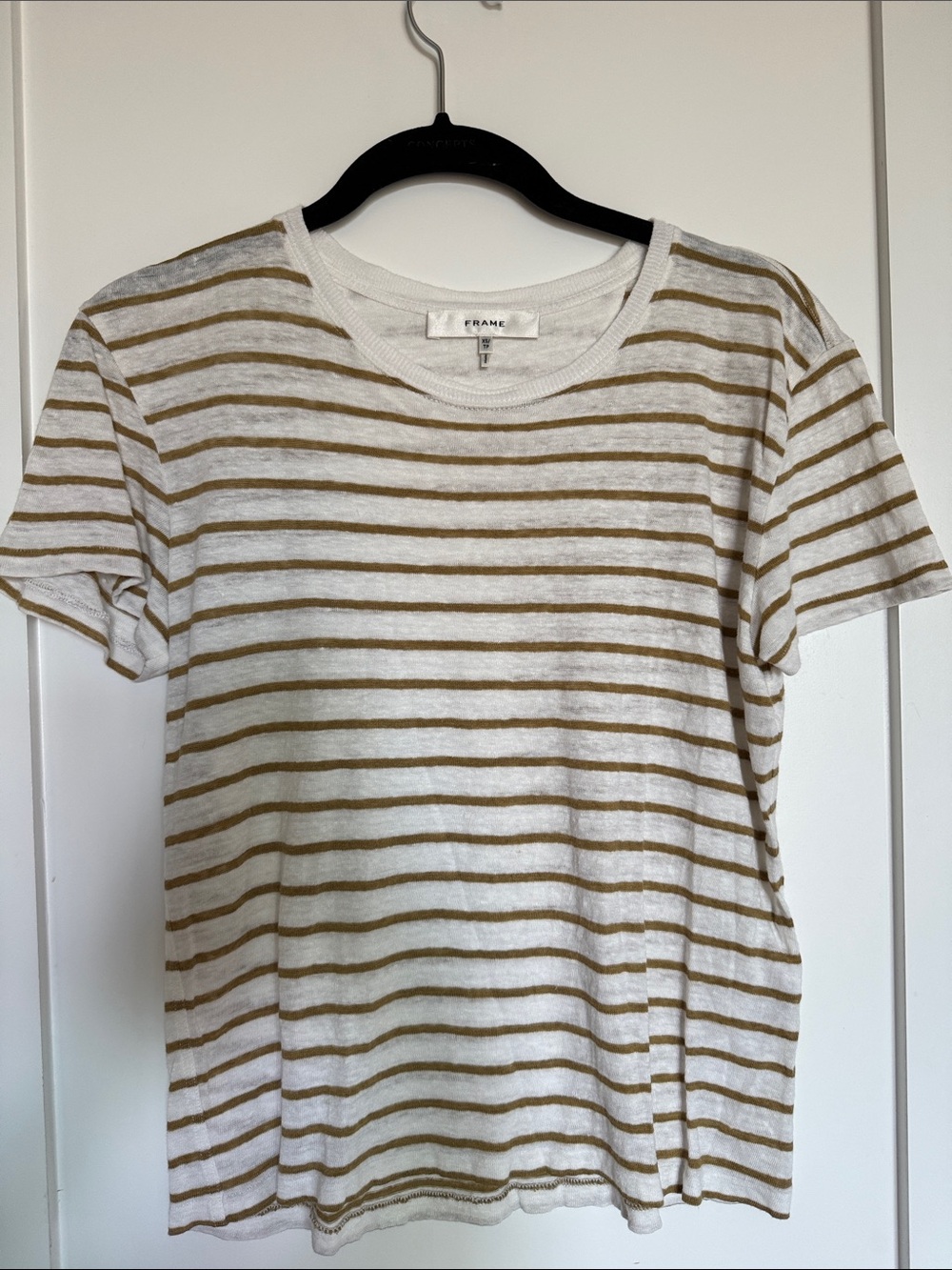 Frame Denim White & Tan Striped Crew Tee